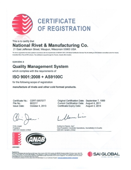 ISO 9001:2008 + AS9100C Certification | National Rivet